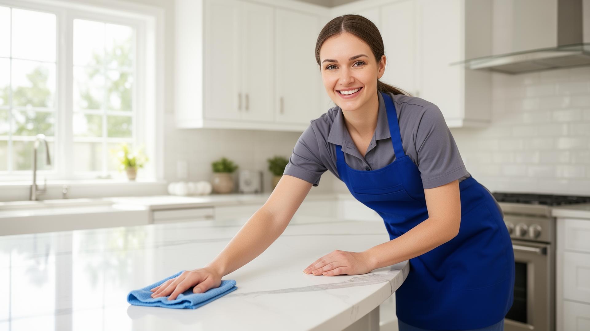 Professional house cleaner wiping a sparkling kitchen counter